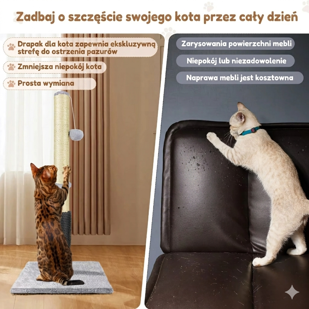Drapak dla Kota 80 cm – Drzewko dla Kota z Sizalem, Platformą i Zabawkami