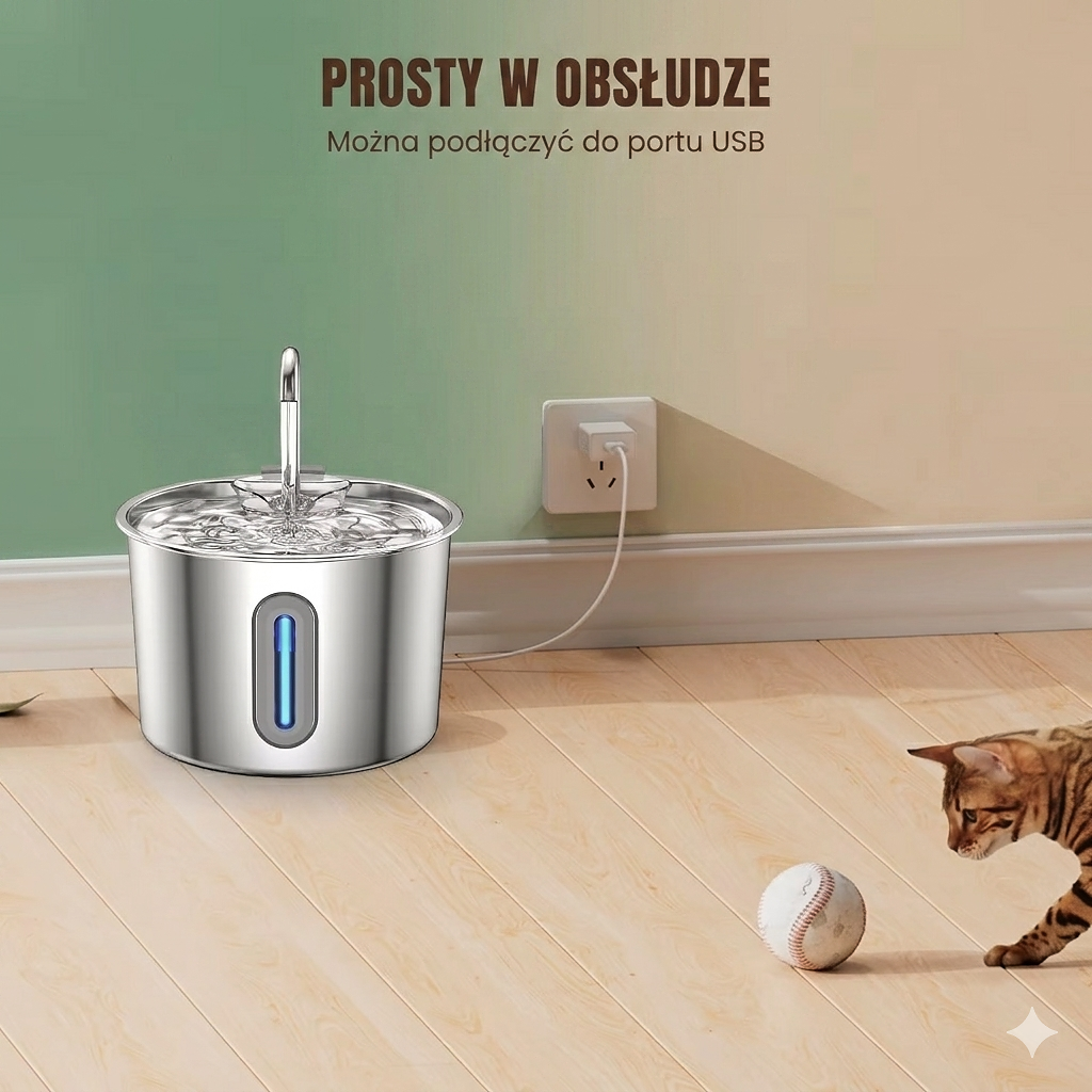 Fontanna dla Kota i Psa 2,2L – Automatyczne Poidło z Potrójną Filtracją i LED