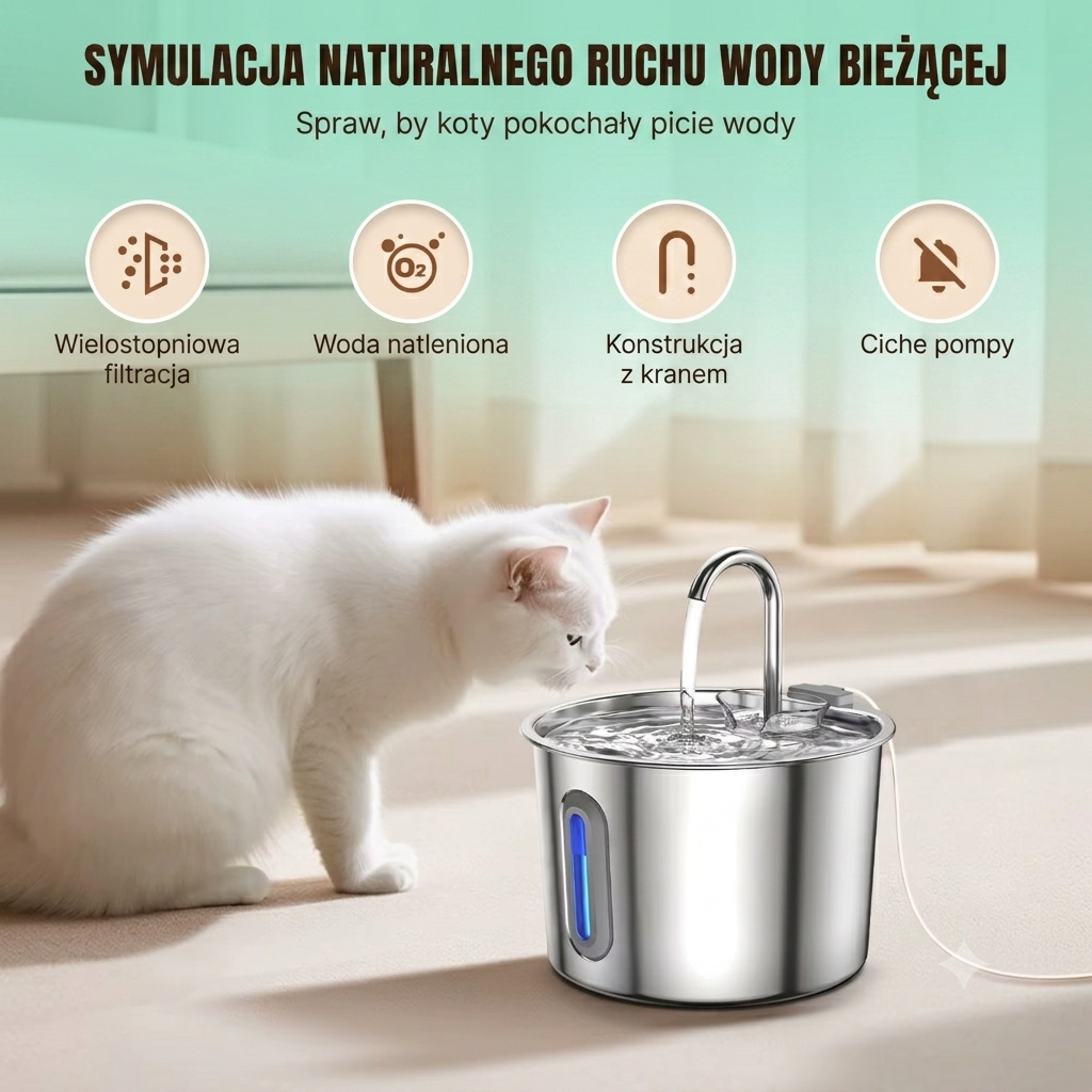 Fontanna dla Kota i Psa 2,2L – Automatyczne Poidło z Potrójną Filtracją i LED