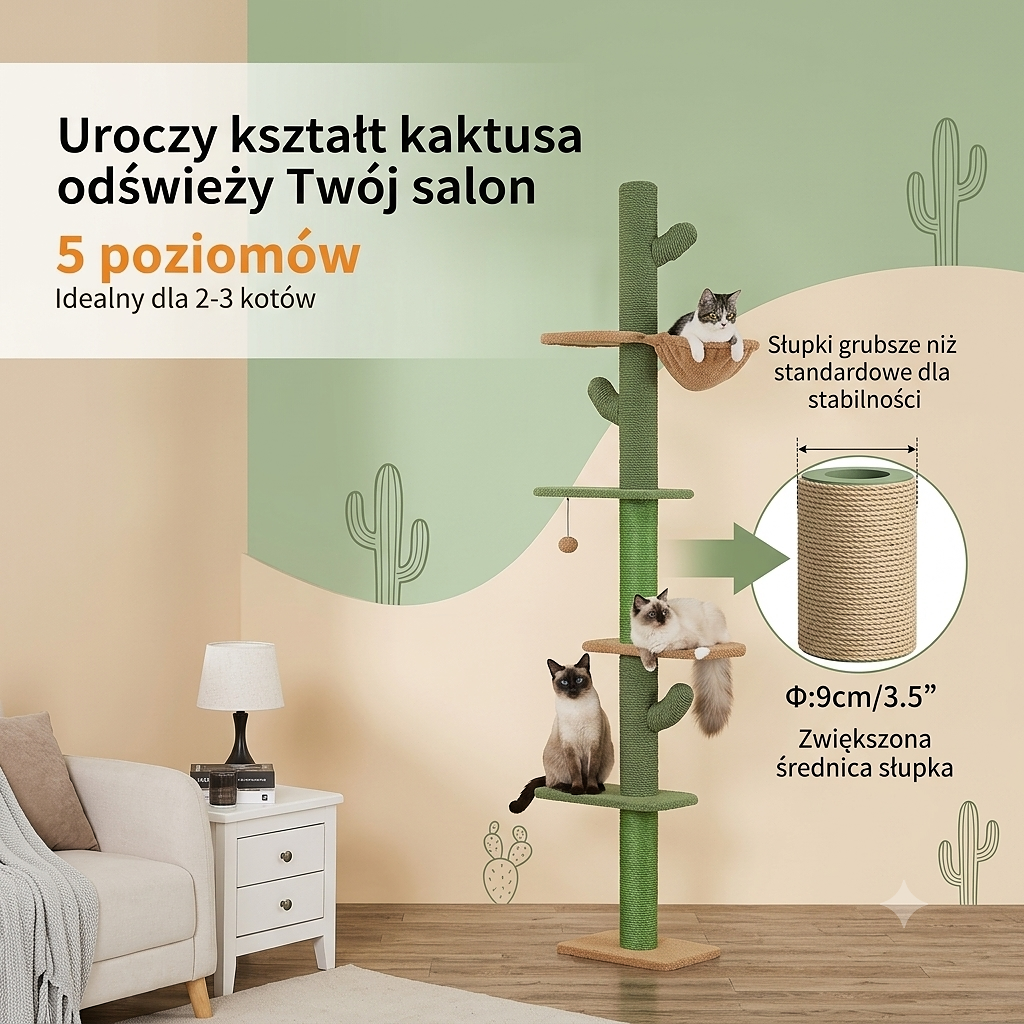 Drapak Sufitowy dla Kota – Wieża 5 Poziomów z Hamakiem i Sizalowymi Słupkami