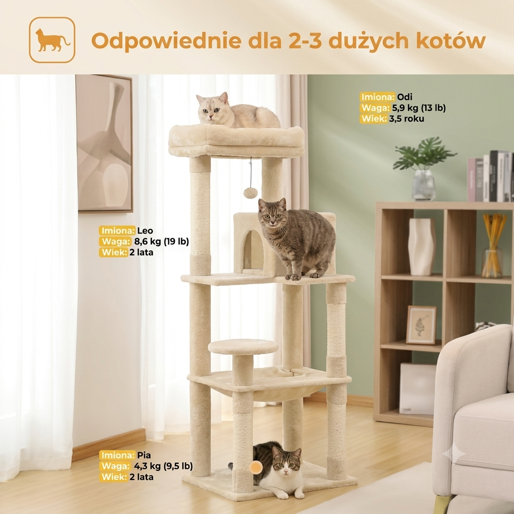Drapak dla Dużego Kota 5 Poziomów – Wieża z Hamakiem, Legowiskiem i Sizalowymi Słupkami