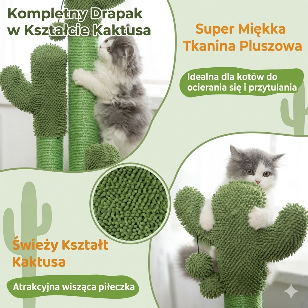 Drapak dla Kota Kaktus XXL – Wieża do Drapania z Sizalem i Wiszącymi Zabawkami